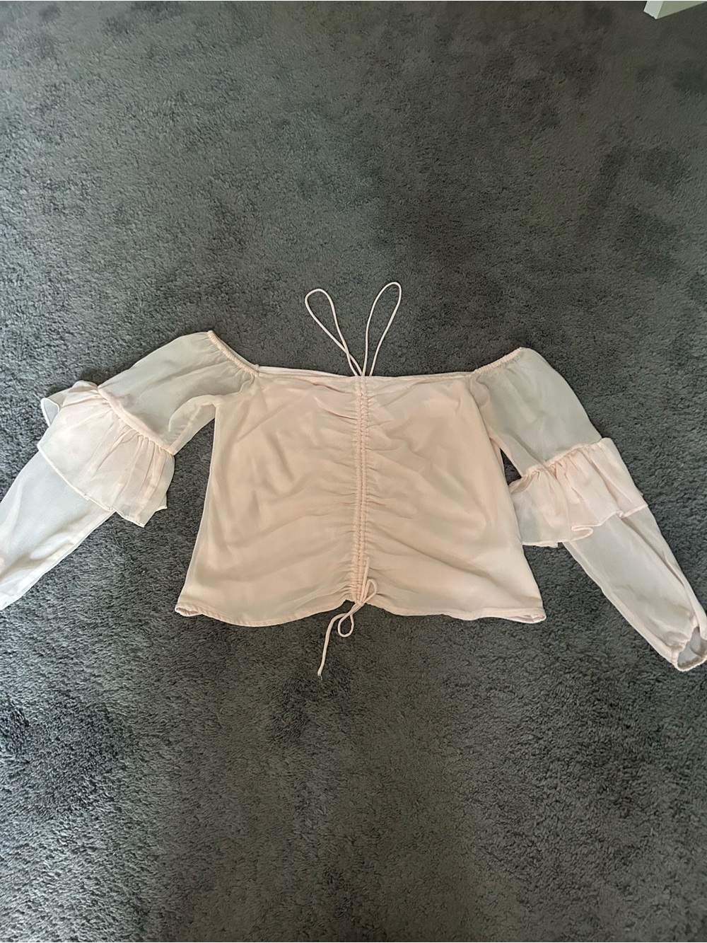 GUESS Sheer Blush Off-Shoulder Ruffle Sleeve Top